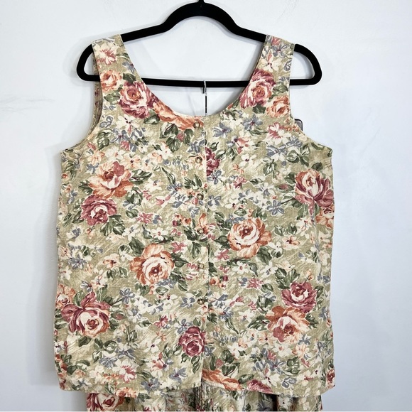 Vintage 80s 90s linen blend tan pink button front floral maxi skirt top set L - Picture 5 of 17